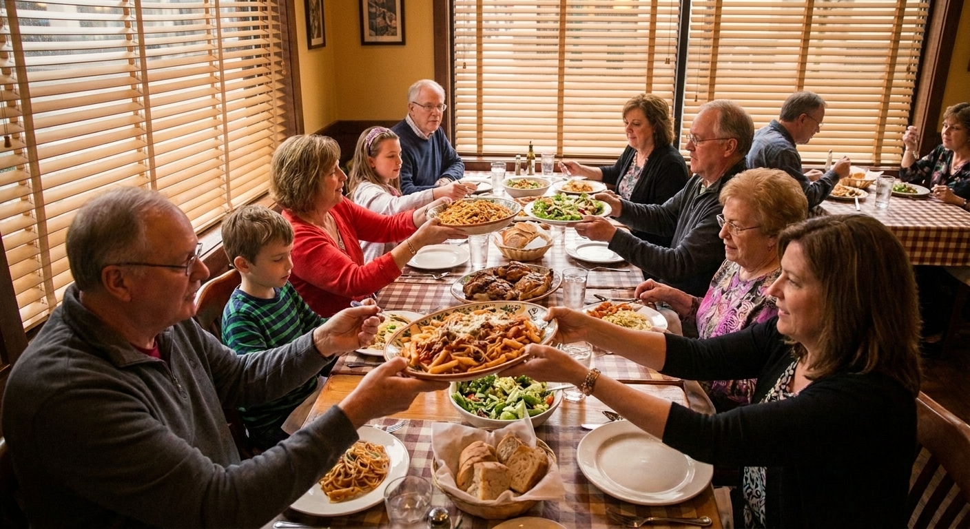 Family style Italian dining with shared platters and group enjoying a meal together